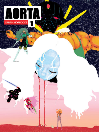 front cover of aorta comic by sarah horrocks depicting a vampire giant mech robots and space filled with stars