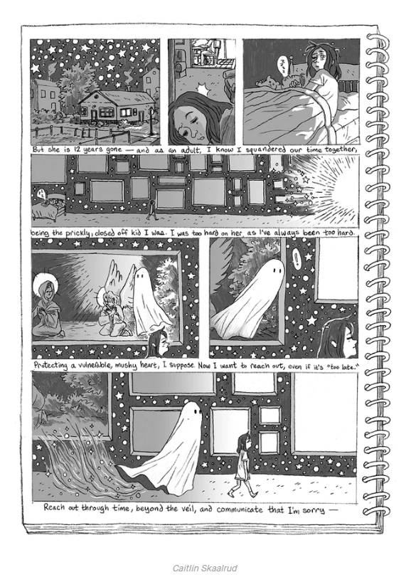 page by Caitlin Skaalrud from all women comics anthology dirty diamonds issue 10 about death featuring the classic sheet covered ghost
