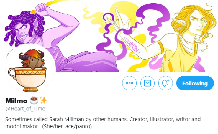 twiiter header for sarah millman aka milmo aka heart_of_time featuring art from npc tea a fantasy comic set in modern day cardiff this scene feature the summoning of a demon via a magic portal